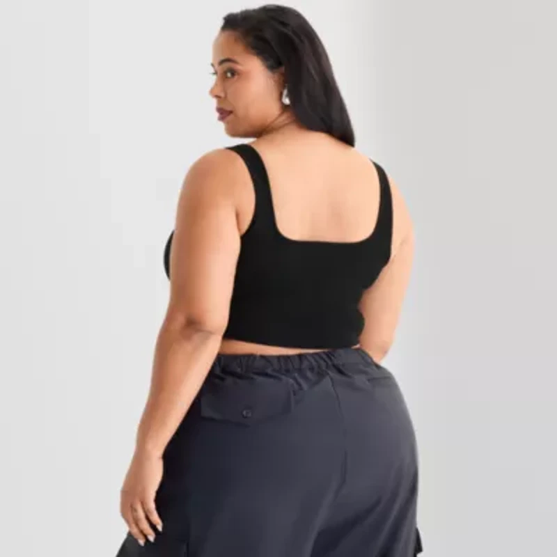 Ashley Graham Ribbed Womens Plus Square Neck Sleeveless Crop Top