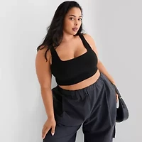 Ashley Graham Ribbed Womens Plus Square Neck Sleeveless Crop Top
