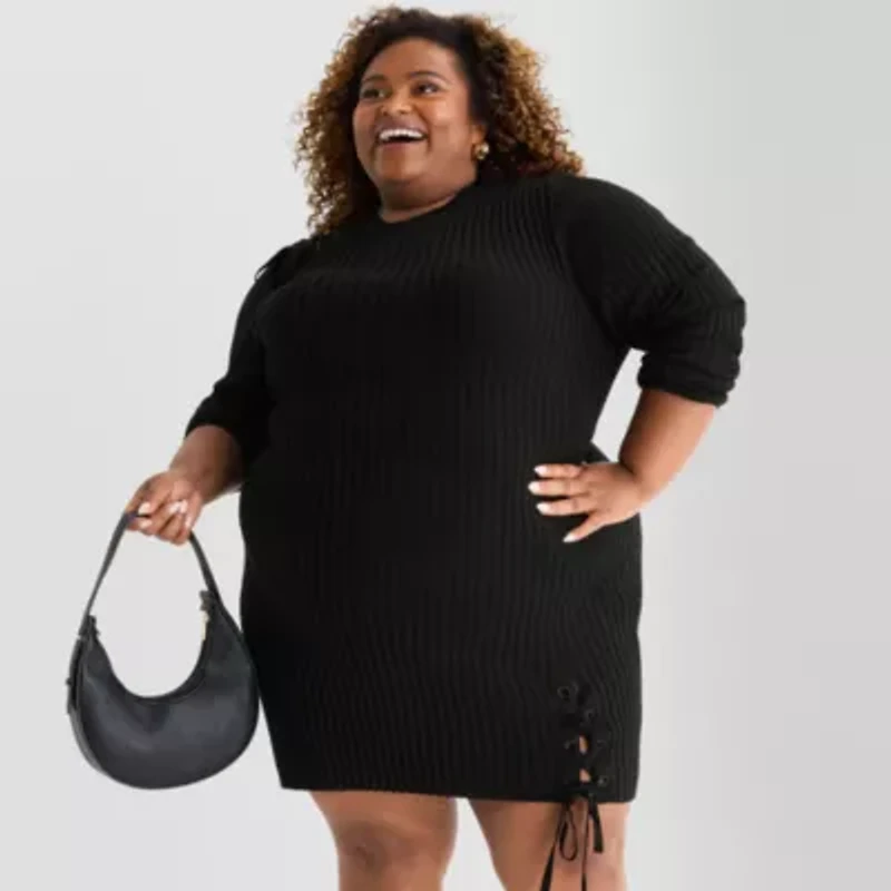 Ashley Graham Womens Plus Long Sleeve Sweater Dress