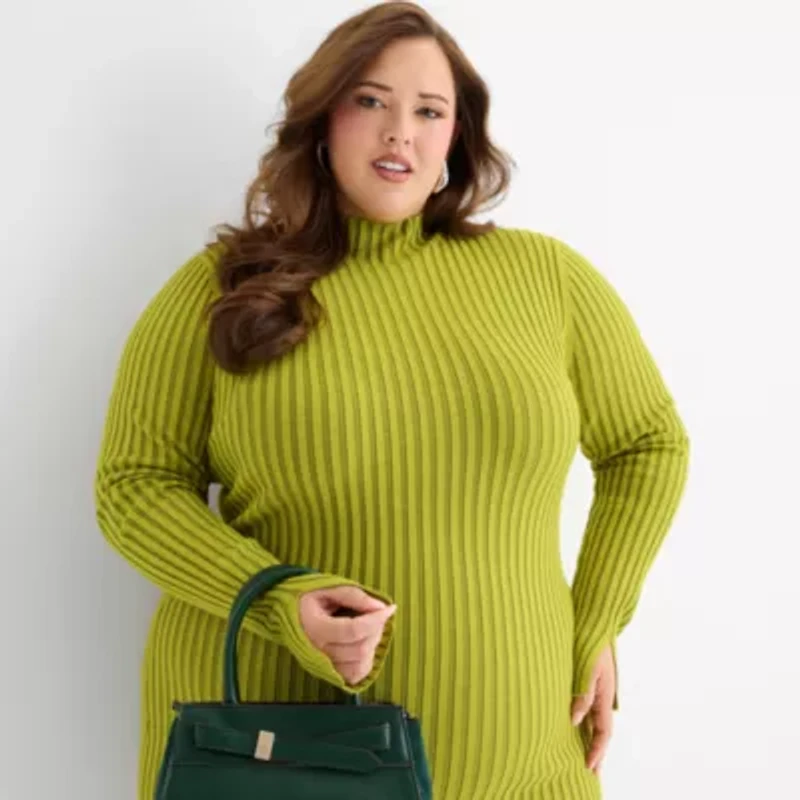 Ashley Graham Womens Plus Long Sleeve Casual Bodycon Dress