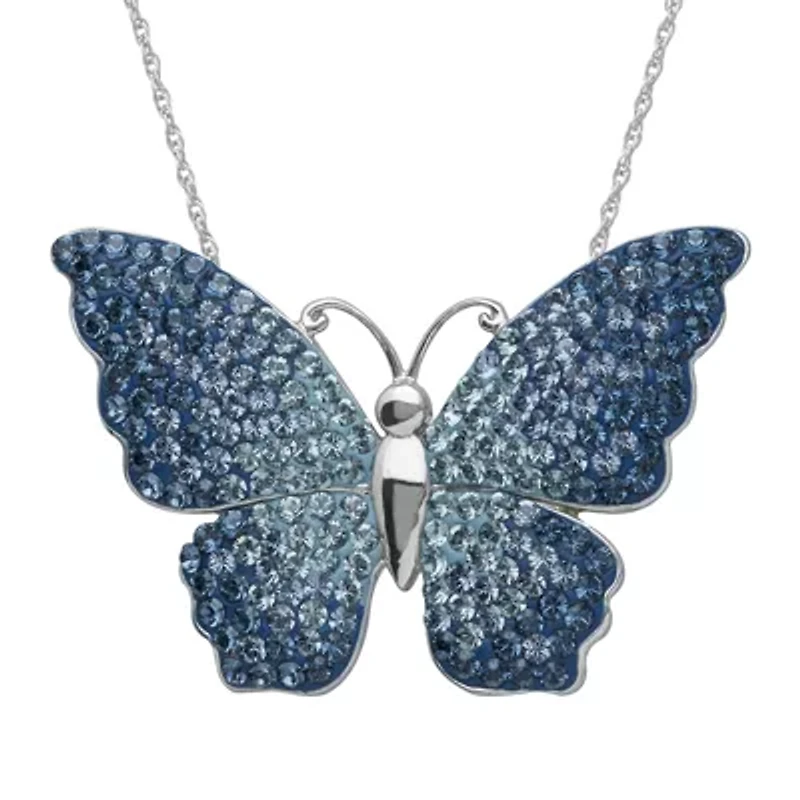 Blue Crystal Sterling Silver Butterfly Pendant Necklace