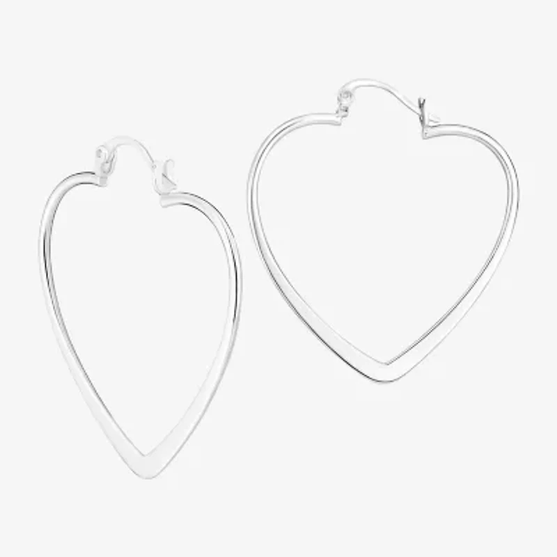 Silver Treasures Flat Womens Sterling Silver 40mm Heart Hoop Earrings