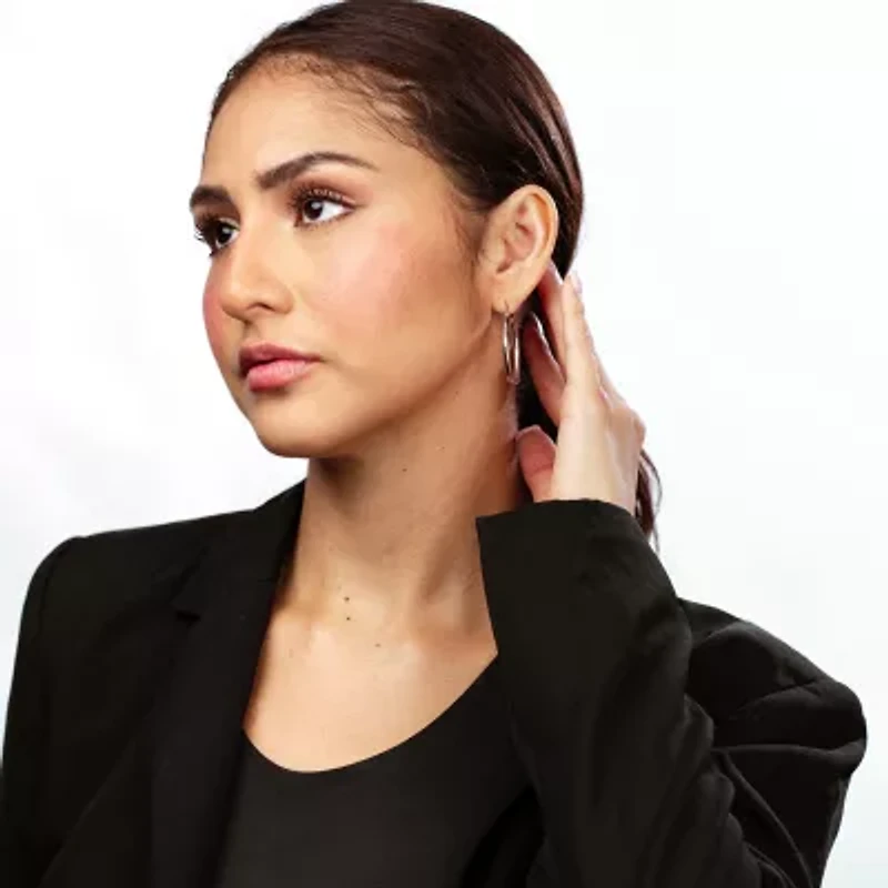 Silver Treasures Womens Sterling Silver 37mm Oval Hoop Earrings