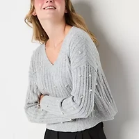 by&by Juniors Womens V Neck Embellished Long Sleeve Pullover Sweater