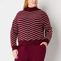 Liz Claiborne Plus Womens Mock Neck Long Sleeve Chevron Pullover Sweater