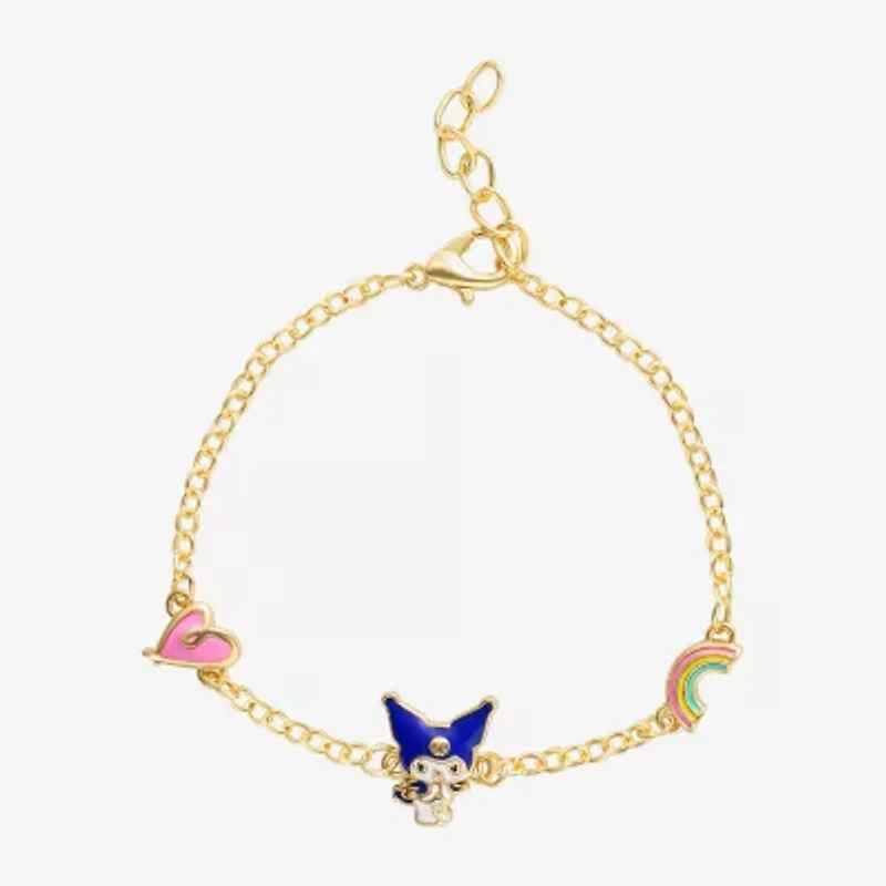 Unisex Adult 18K Gold Over Brass 6 1/2 Inch Solid Cable Heart Hello Kitty Kuromi Chain Bracelet