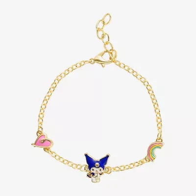 Unisex Adult 18K Gold Over Brass 6 1/2 Inch Solid Cable Heart Hello Kitty Kuromi Chain Bracelet