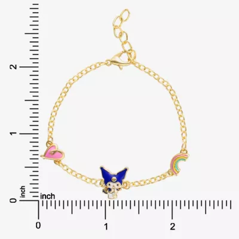 Unisex Adult 18K Gold Over Brass 6 1/2 Inch Solid Cable Heart Hello Kitty Kuromi Chain Bracelet