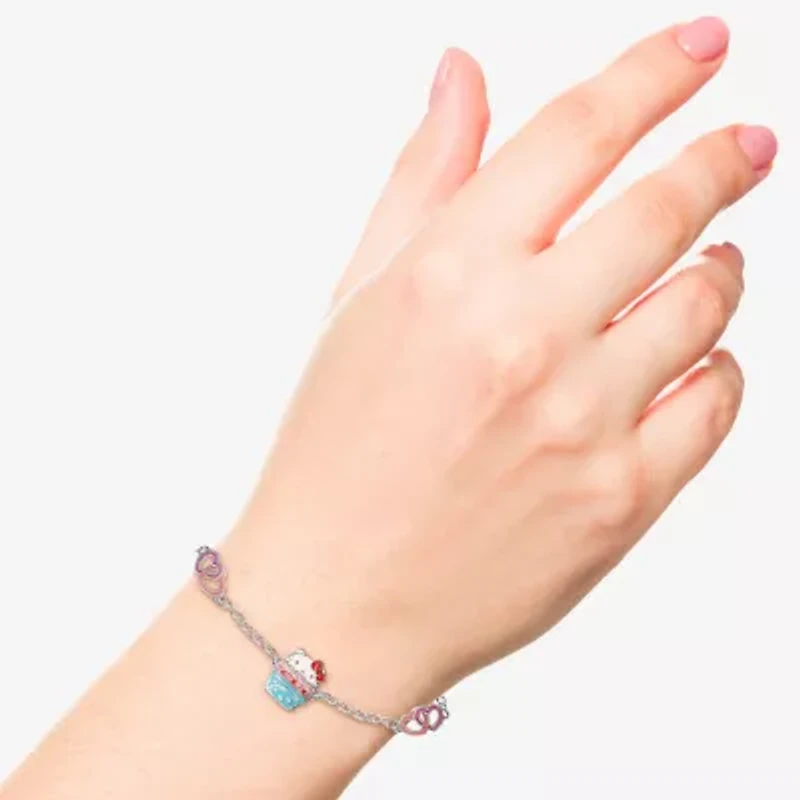 Cupcake Unisex Adult Pure Silver Over Brass 6 3/4 Inch Solid Cable Heart Hello Kitty Chain Bracelet