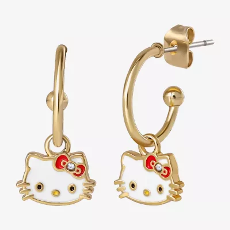 Unisex Adult Crystal 18K Gold Over Brass 9.5mm Hello Kitty Hoop Earrings
