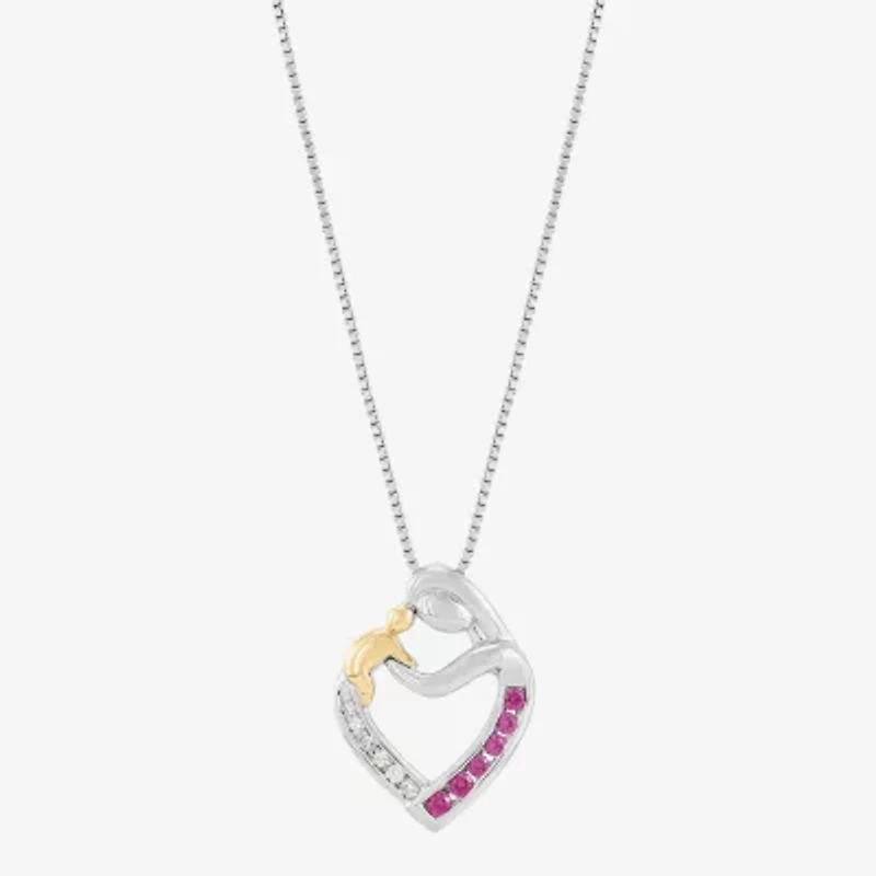 Limited Quantities! Mother And Child Womens Diamond Accent Lab Created Red Ruby 14K Gold Sterling Silver Heart 18 Inch Pendant Necklace