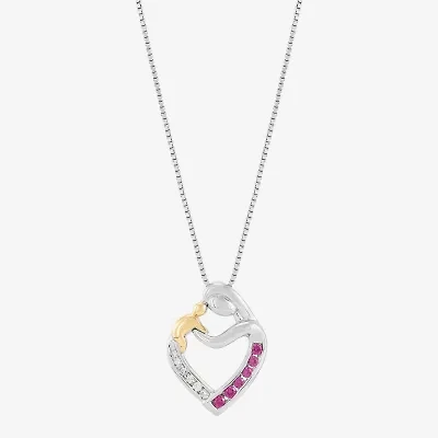 Limited Quantities! Mother And Child Womens Diamond Accent Lab Created Red Ruby 14K Gold Sterling Silver Heart 18 Inch Pendant Necklace