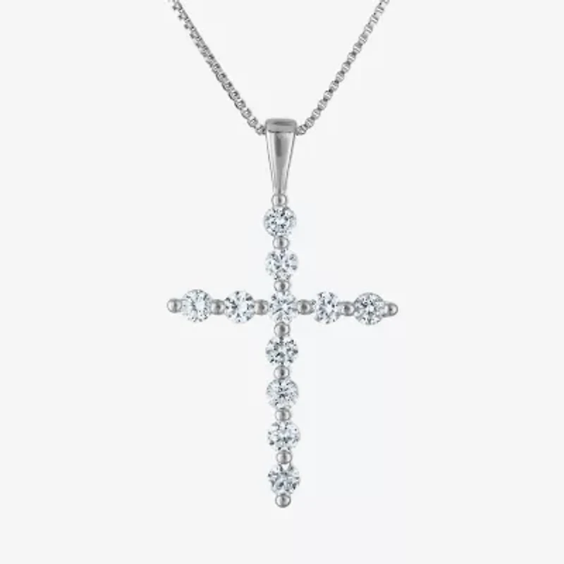 Womens Lab Created White Sapphire Sterling Silver Cross 18 Inch Pendant Necklace