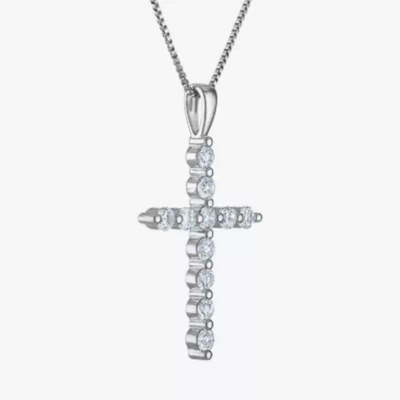 Womens Lab Created White Sapphire Sterling Silver Cross 18 Inch Pendant Necklace