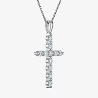 Womens Lab Created White Sapphire Sterling Silver Cross 18 Inch Pendant Necklace