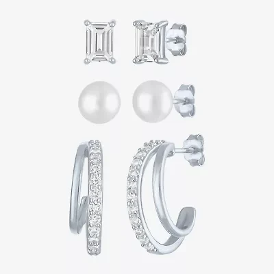 Yes, Please! Womens Lab Created White Cultured Freshwater Pearl Sterling Silver 3 Pair Jewelry Set