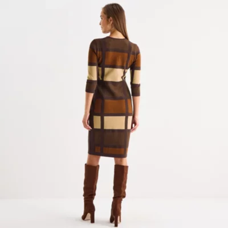 Danny & Nicole Womens 3/4 Sleeve Windowpane Sweater Dress
