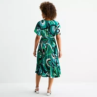 Danny & Nicole Womens Short Sleeve Abstract Midi Fit + Flare Dress