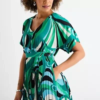 Danny & Nicole Womens Short Sleeve Abstract Midi Fit + Flare Dress