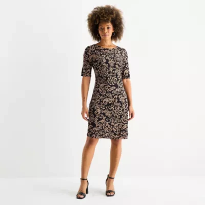 Connected Apparel Womens Short Sleeve Scroll Sheath Dress