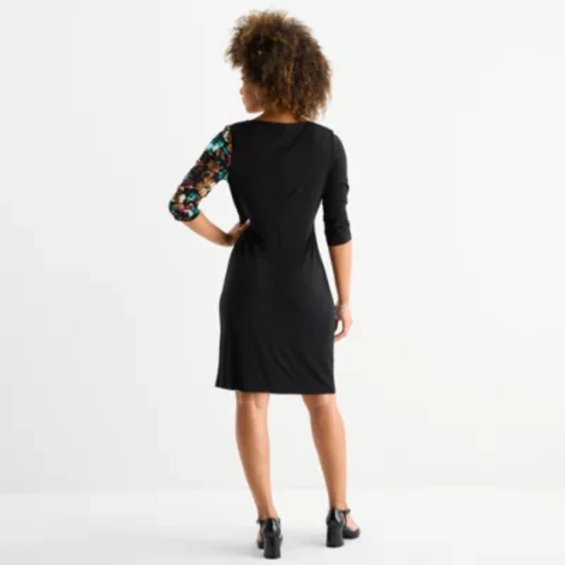 Connected Apparel Womens 3/4 Sleeve Floral Sheath Dress