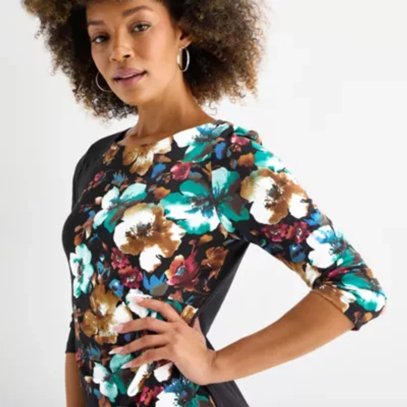 Connected Apparel Womens 3/4 Sleeve Floral Sheath Dress