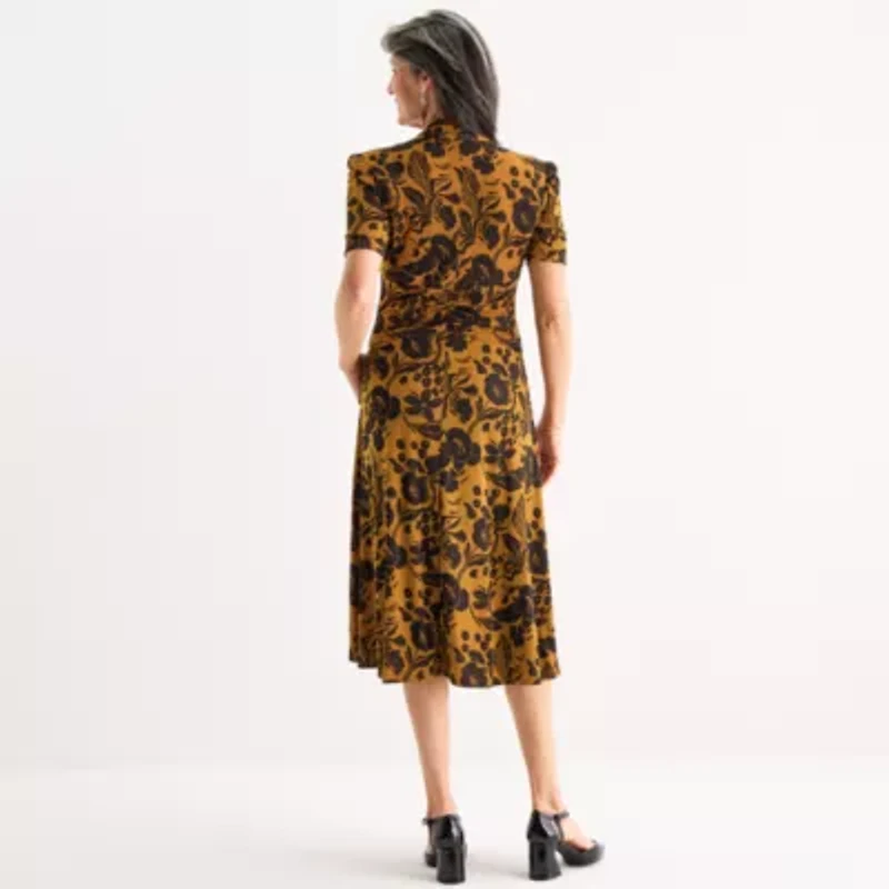 Perceptions Womens Short Sleeve Floral Midi Fit + Flare Dress