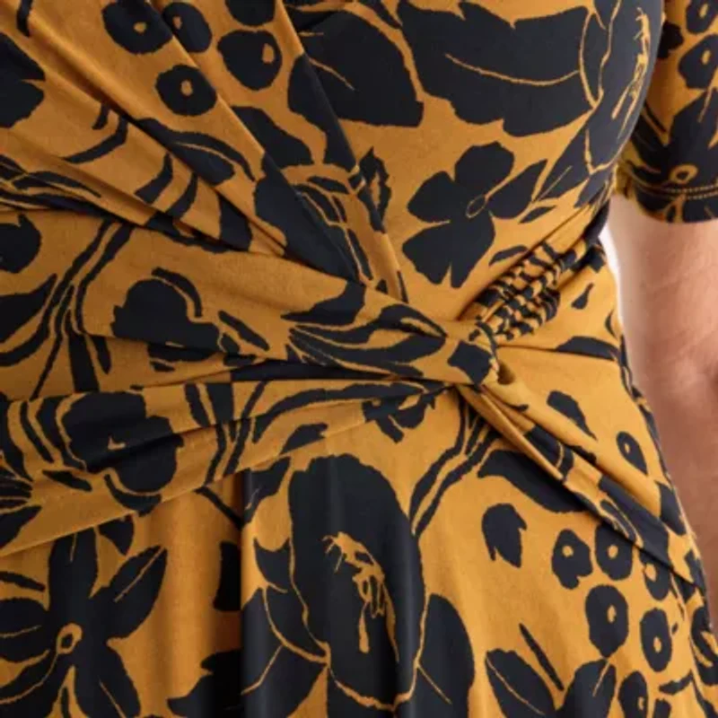 Perceptions Womens Short Sleeve Floral Midi Fit + Flare Dress