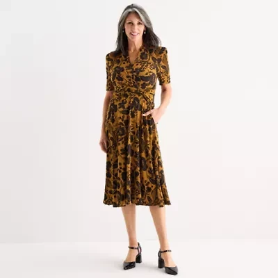 Perceptions Womens Short Sleeve Floral Midi Fit + Flare Dress