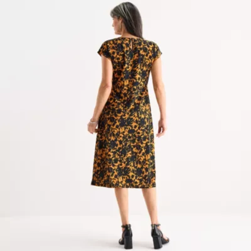 Perceptions Womens Short Sleeve Midi Floral Sheath Dress