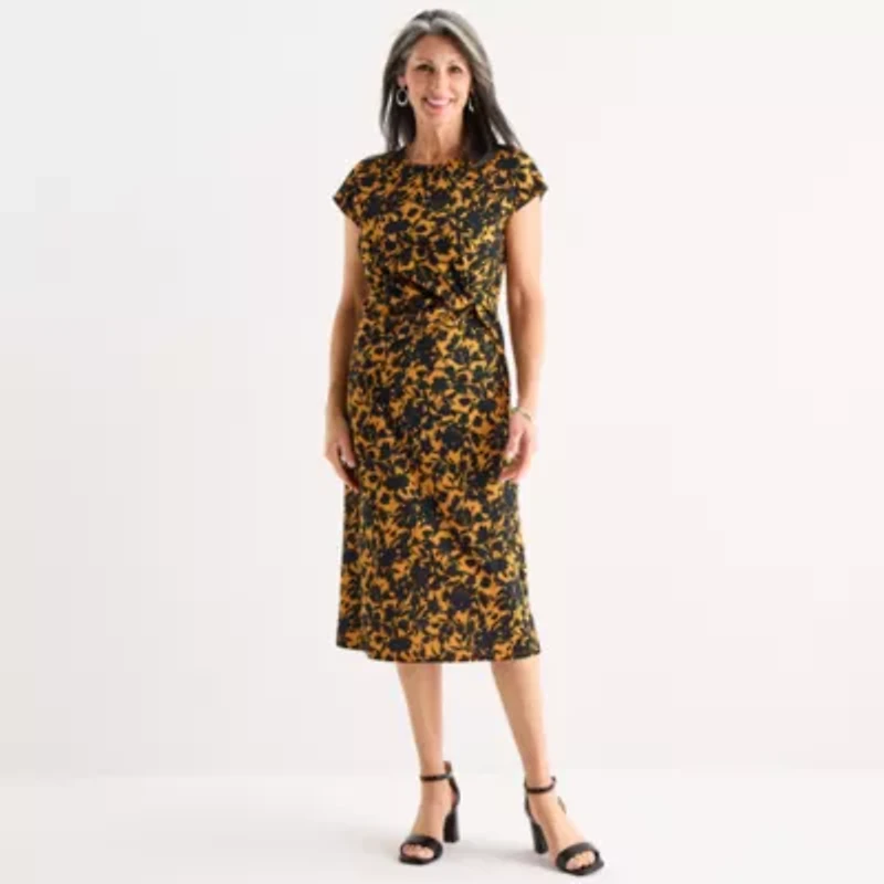 Perceptions Womens Short Sleeve Midi Floral Sheath Dress