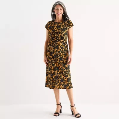 Perceptions Womens Short Sleeve Midi Floral Sheath Dress