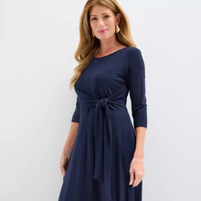 Perceptions Womens 3/4 Sleeve Midi Fit + Flare Dress
