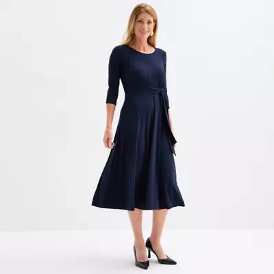 Perceptions Womens 3/4 Sleeve Midi Fit + Flare Dress