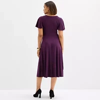 Perceptions Womens Short Sleeve Midi Fit + Flare Dress