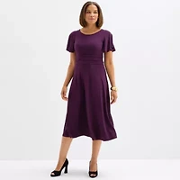 Perceptions Womens Short Sleeve Midi Fit + Flare Dress