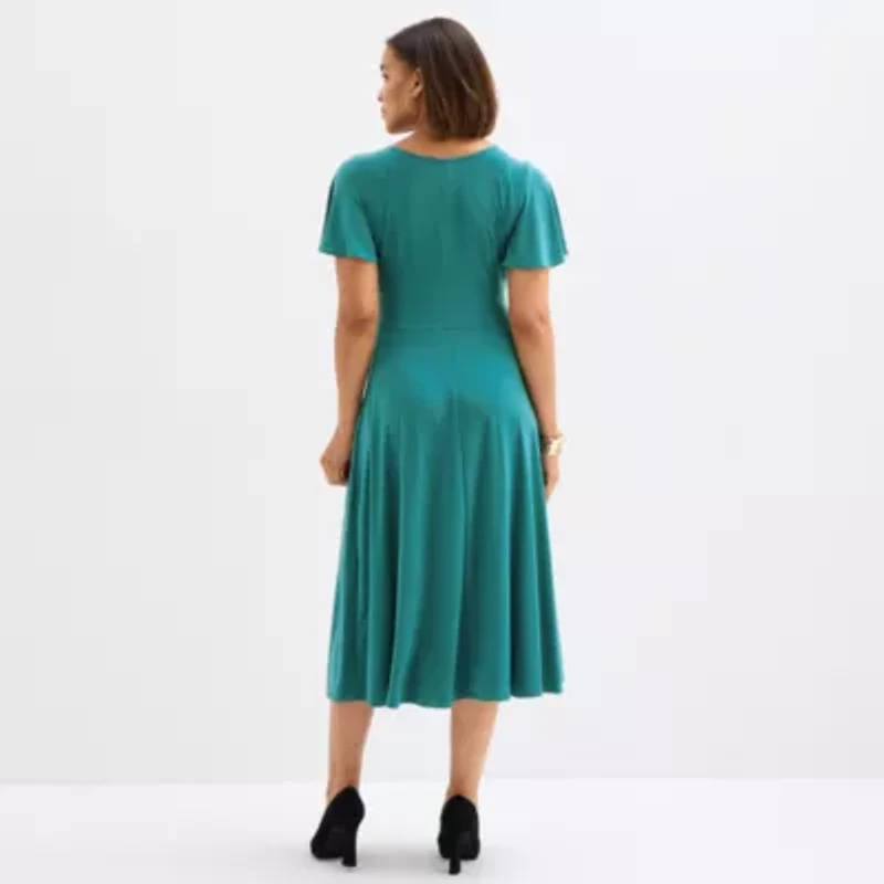 Perceptions Womens Short Sleeve Midi Fit + Flare Dress