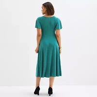 Perceptions Womens Short Sleeve Midi Fit + Flare Dress