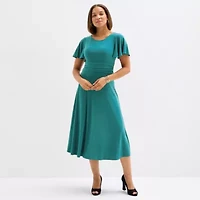 Perceptions Womens Short Sleeve Midi Fit + Flare Dress