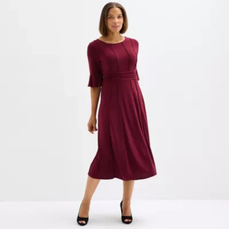 Perceptions Womens Short Sleeve Midi Fit + Flare Dress