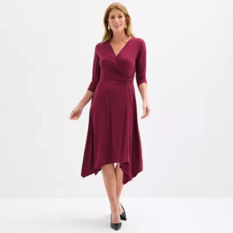 Perceptions Womens 3/4 Sleeve Midi Fit + Flare Dress