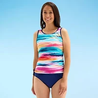 Free Country Womens Built Bra Shirred Stretch Fabric Striped Tankini Swimsuit Top