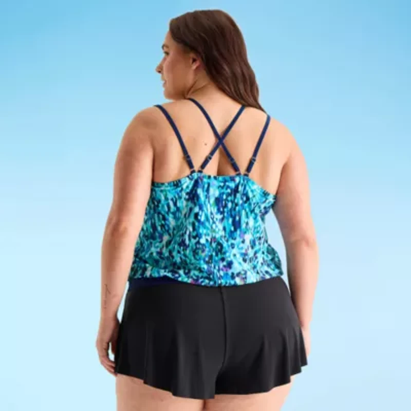 Free Country Womens Adjustable Straps Built Bra Abstract Plus Blouson Swimsuit Top