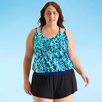 Free Country Womens Adjustable Straps Built Bra Abstract Plus Blouson Swimsuit Top