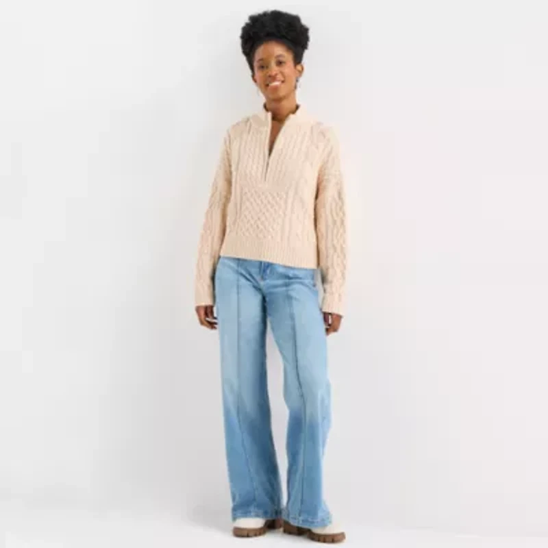 Arizona Juniors Womens Mock Neck Long Sleeve Cable Knit Pullover Sweater