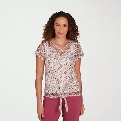 Hearts Of Palm Womens Keyhole Neck Short Sleeve Petite T-Shirt