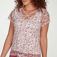 Hearts Of Palm Womens Keyhole Neck Short Sleeve Petite T-Shirt