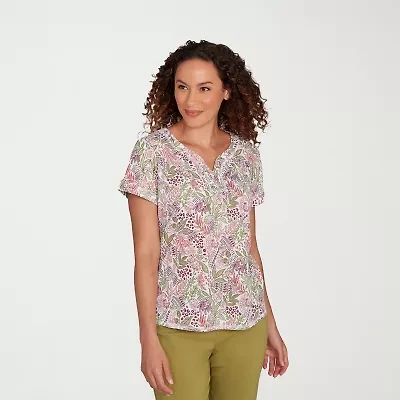 Hearts Of Palm Womens Split Crew Neck Short Sleeve Petite T-Shirt