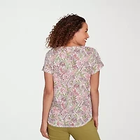 Hearts Of Palm Womens Split Crew Neck Short Sleeve Petite T-Shirt