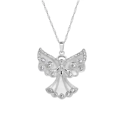Sterling Silver Mother Of Pearl and Crystal Angel Pendant Necklace